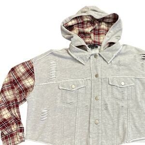 Dance & Marvel Grunge Distressed Ripped Detachable Hoodie Plaid Denim M Gorpcore